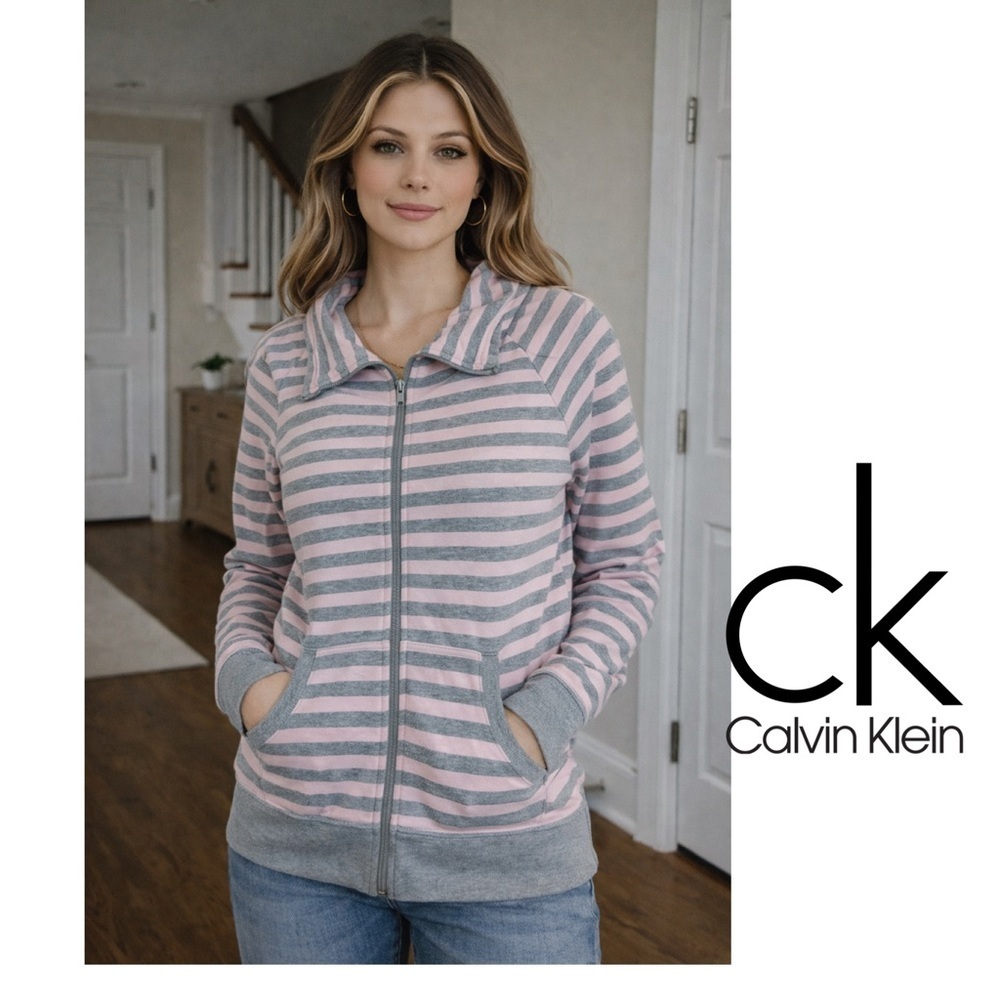 Calvin Klein women's gray pink zip crowl neck sweater size M